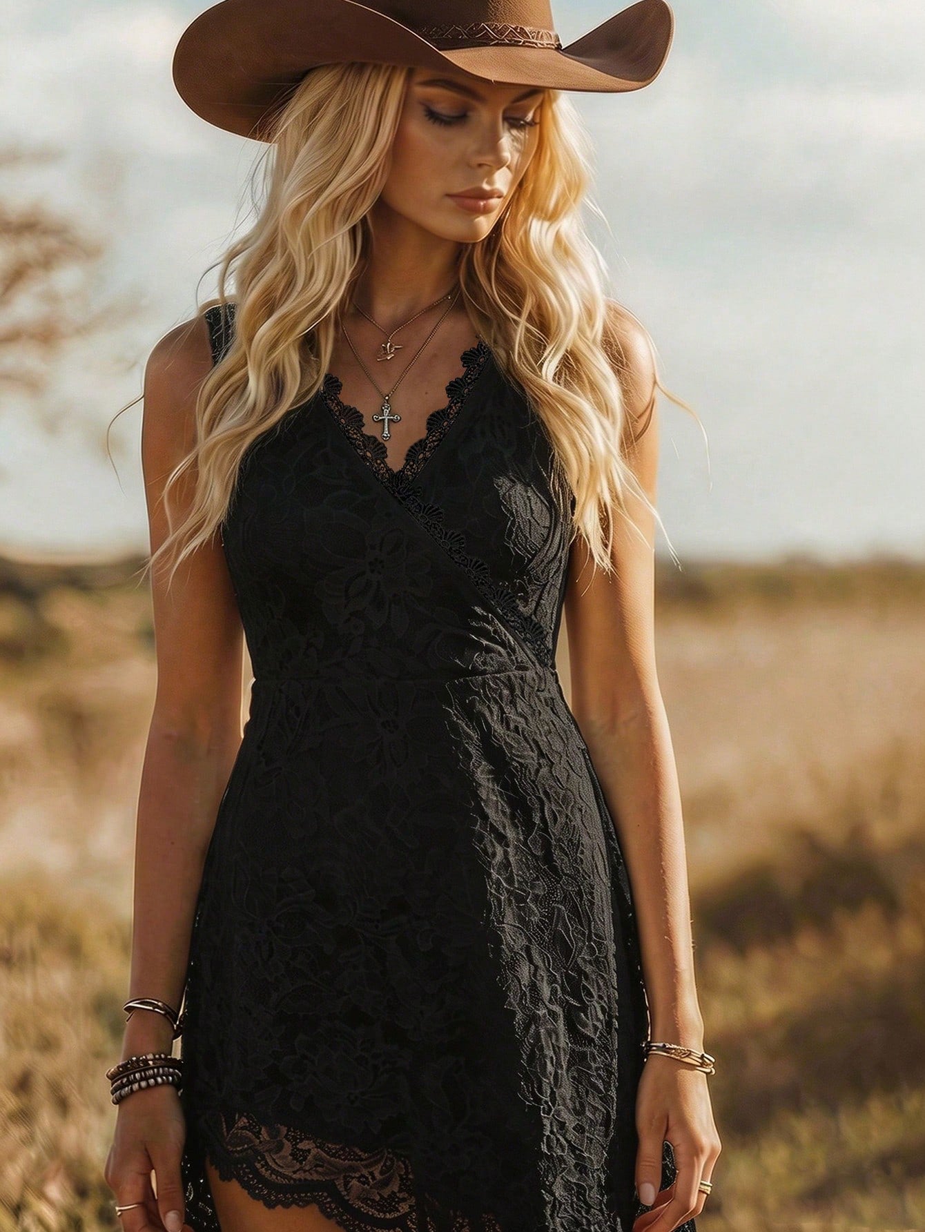 LUNE Women's Elegant V-Neck Lace-Embroidered Sleeveless Dress With