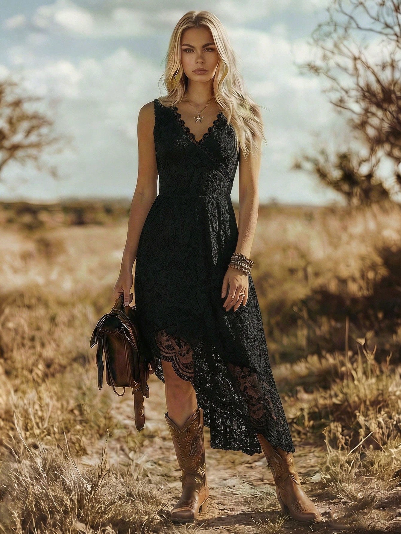 LUNE Women's Elegant V-Neck Lace-Embroidered Sleeveless Dress With