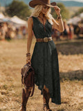 LUNE Women's Elegant V-Neck Lace-Embroidered Sleeveless Dress With Asymmetric Bottom Hem Nomadic Party