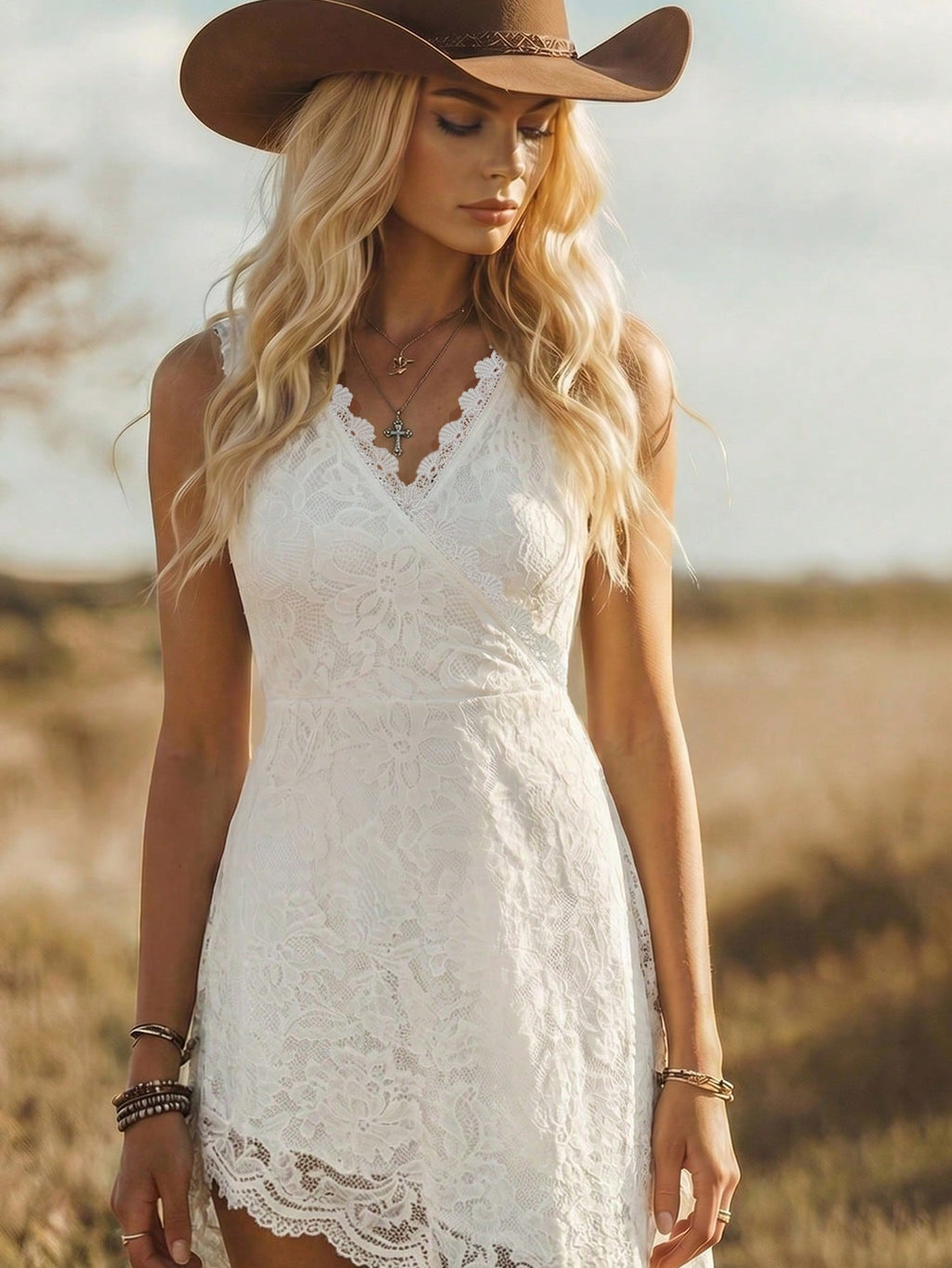 LUNE Women's Elegant V-Neck Lace-Embroidered Sleeveless Dress With