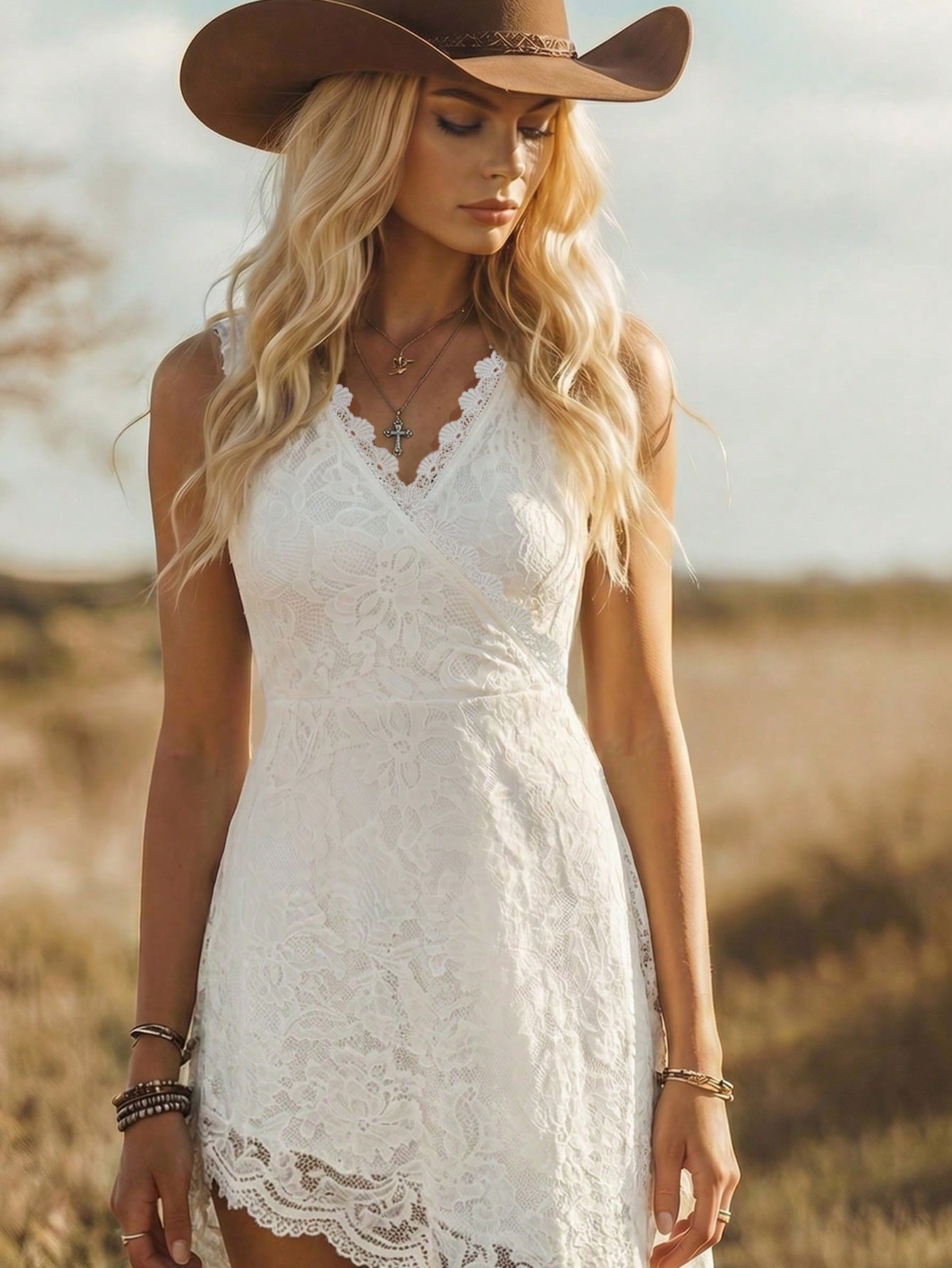 LUNE Women's Elegant V-Neck Lace-Embroidered Sleeveless Dress With