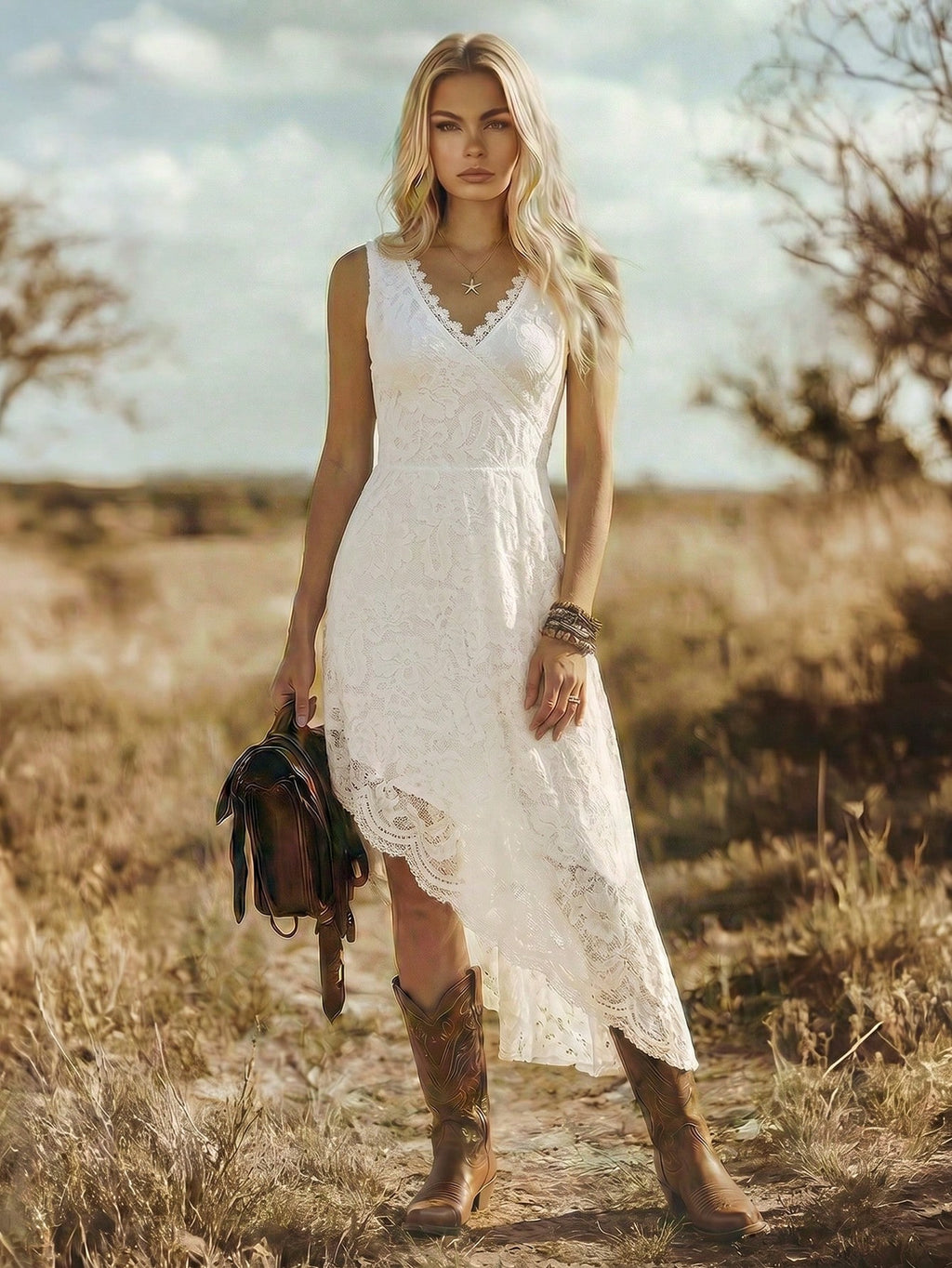 LUNE Women's Elegant V-Neck Lace-Embroidered Sleeveless Dress With