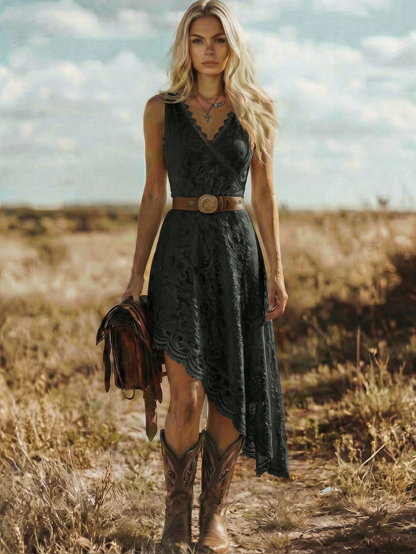 LUNE Women's Elegant V-Neck Lace-Embroidered Sleeveless Dress With Asymmetric Bottom Hem Nomadic Party - image 4