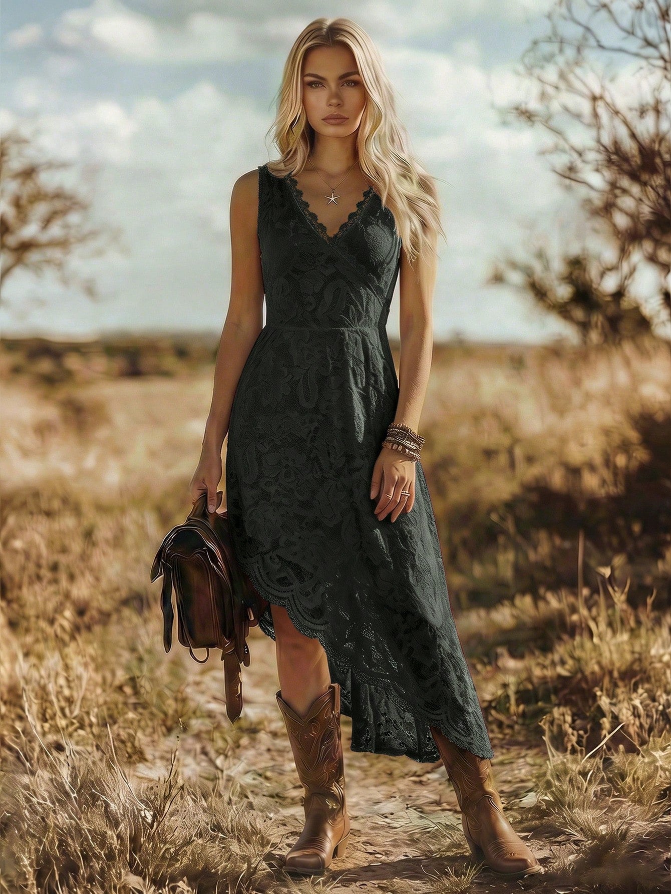 LUNE Women's Elegant V-Neck Lace-Embroidered Sleeveless Dress With Asymmetric Bottom Hem Nomadic Party - image 5