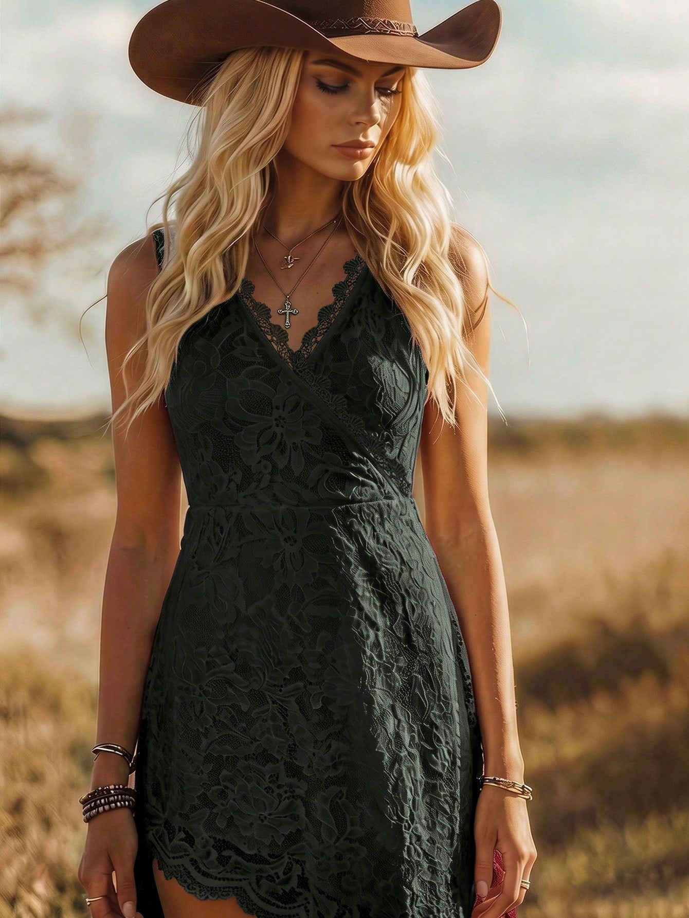 LUNE Women's Elegant V-Neck Lace-Embroidered Sleeveless Dress With Asymmetric Bottom Hem Nomadic Party - image 6