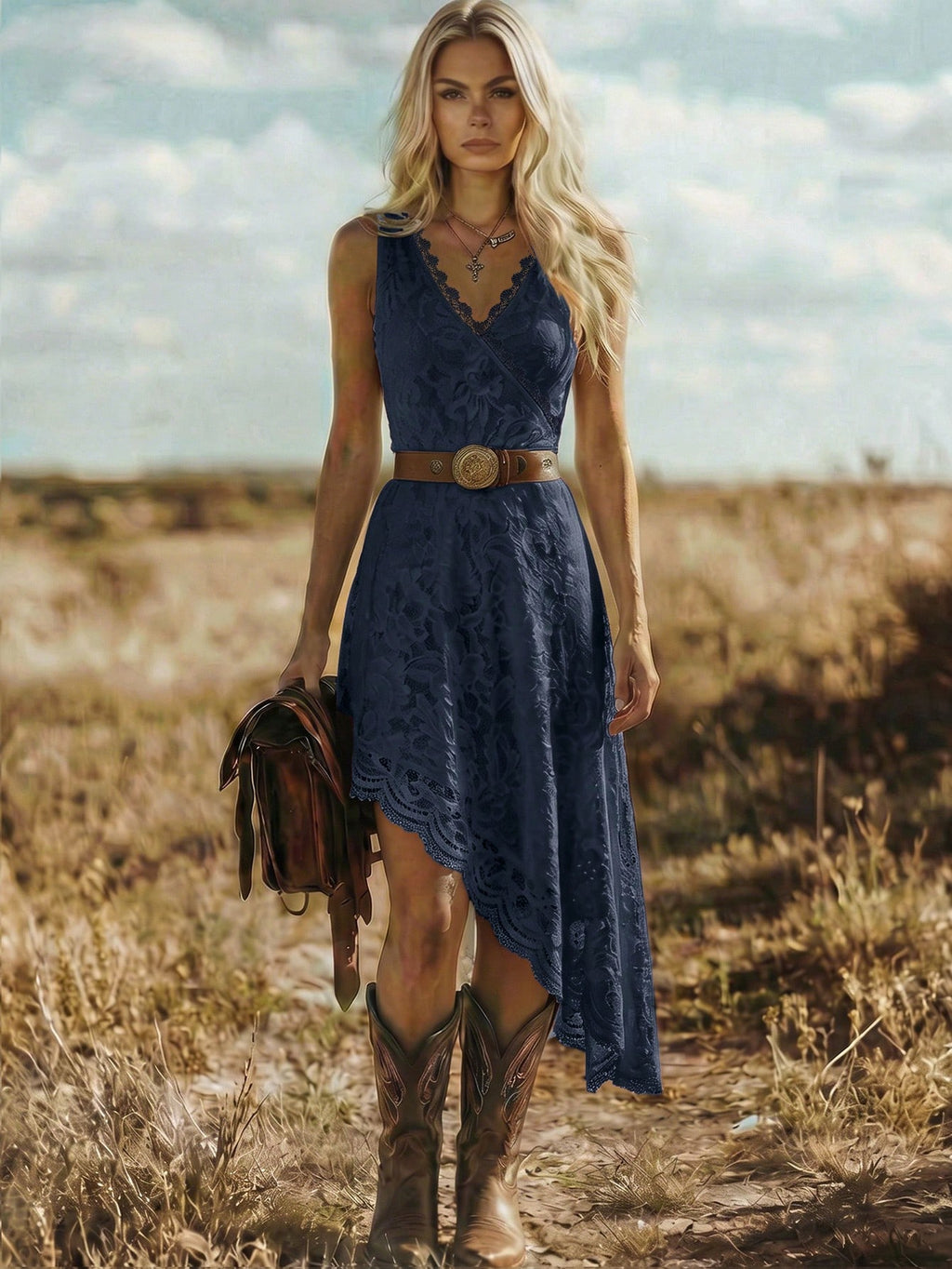 LUNE Women's Elegant V-Neck Lace-Embroidered Sleeveless Dress With