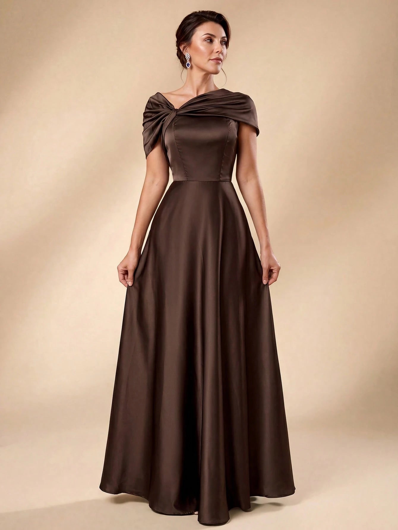 Serin Women's Elegant Romantic Sage Green Satin Off Shoulder Twist Knot Asymmetric Bow A-Line Formal