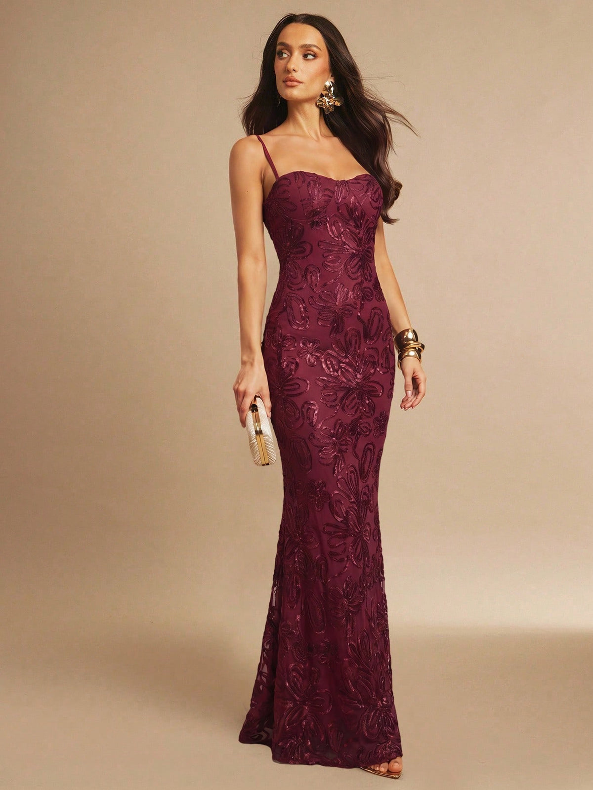 Silquee Women's Elegant Dark Brown 3D Floral Maxi Dress