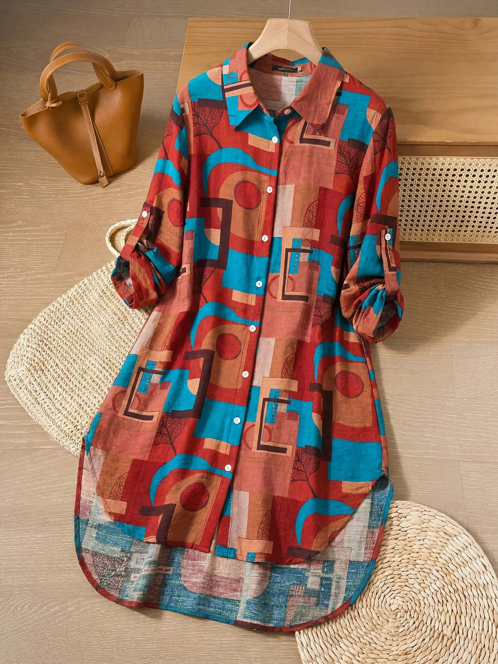 Rusticease Women Short Color Block Retro Casual Pattern Dresses For Autumn Travel Green