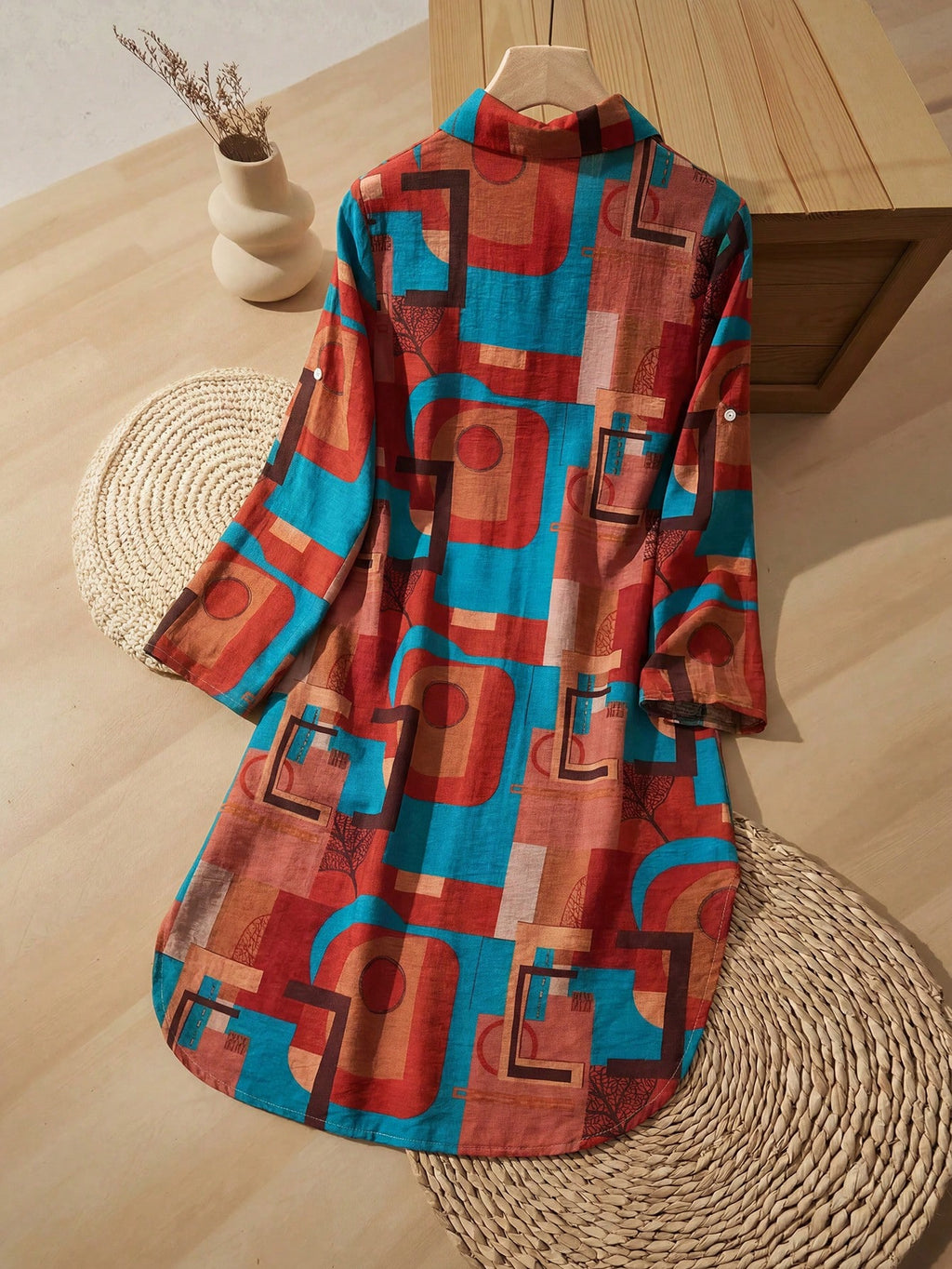 Rusticease Women Short Color Block Retro Casual Pattern Dresses For Autumn Travel Green - image 2