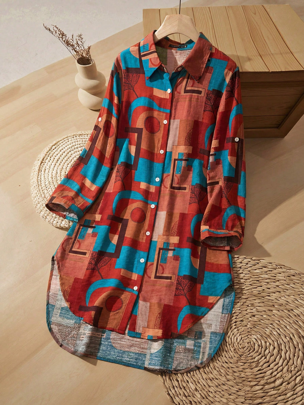 Rusticease Women Short Color Block Retro Casual Pattern Dresses For Autumn Travel Green - image 5