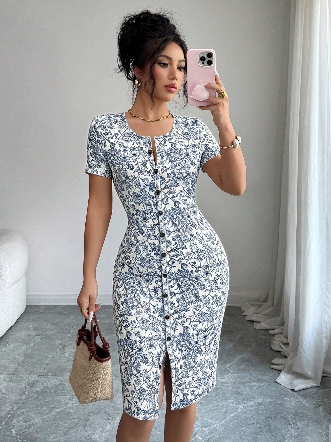Elenzga Women's Spring/Summer Round Neck Knit Floral Short Dress, Decorated With Ditsy Floral Pattern, - image 17
