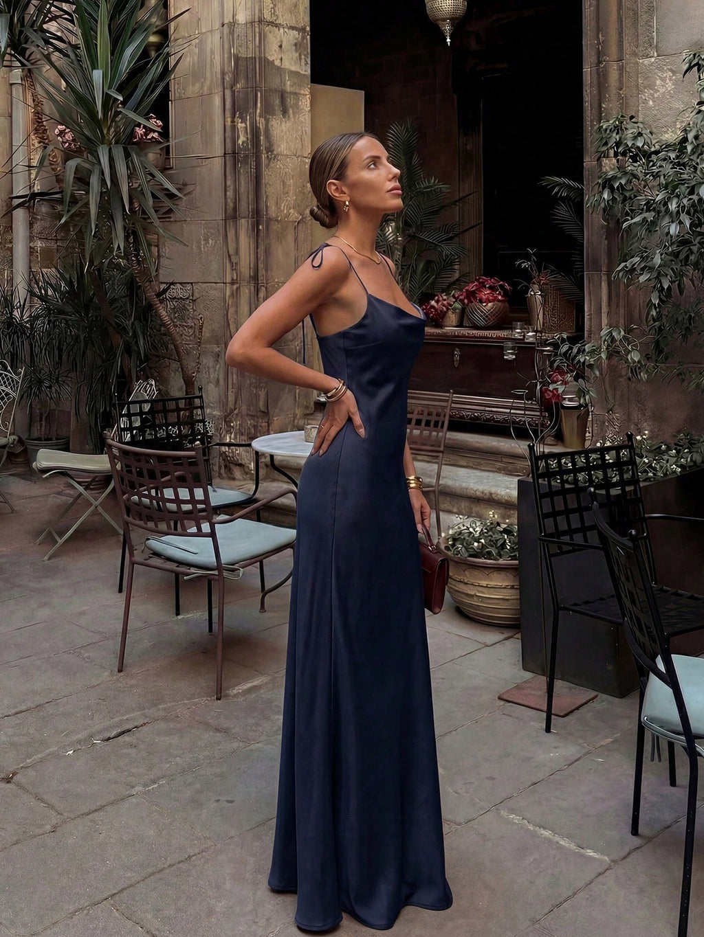 French Elegant Glossy Satin Brown Evening Gown, Cowl Neck Tie Strap Spaghetti Straps Back Zipper Open Back - image 17