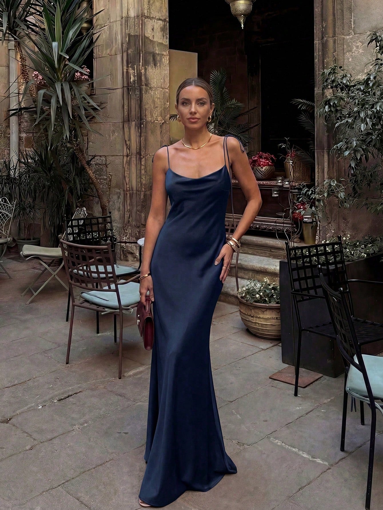 French Elegant Glossy Satin Brown Evening Gown, Cowl Neck Tie Strap Spaghetti Straps Back Zipper Open Back - image 13