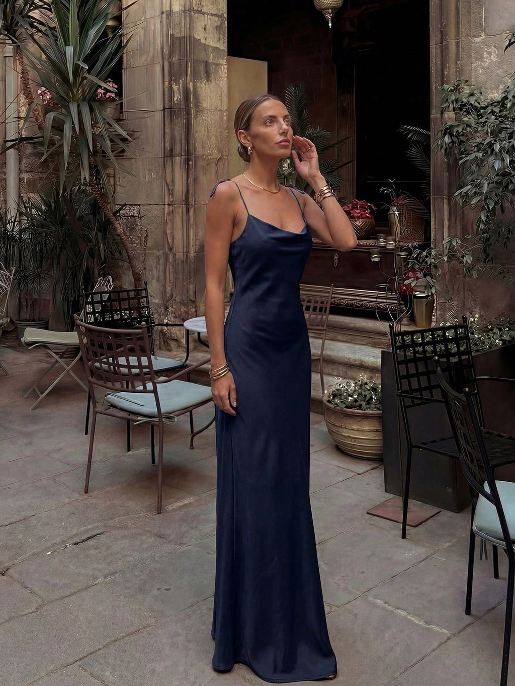 French Elegant Glossy Satin Brown Evening Gown, Cowl Neck Tie Strap Spaghetti Straps Back Zipper Open Back - image 18