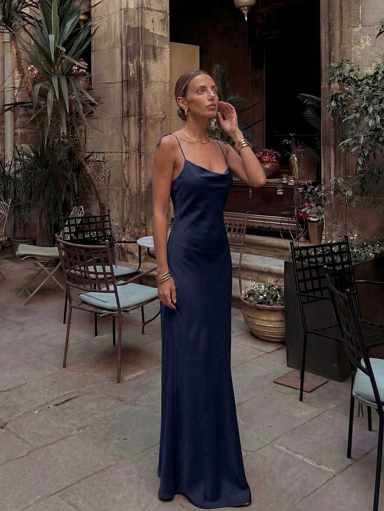 French Elegant Glossy Satin Brown Evening Gown, Cowl Neck Tie Strap Spaghetti Straps Back Zipper Open Back - image 18
