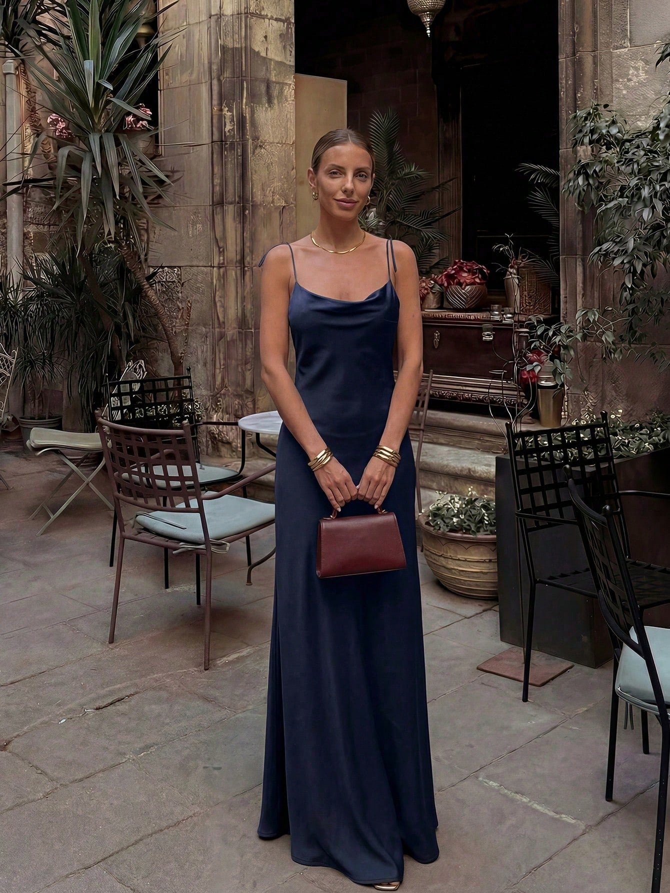 French Elegant Glossy Satin Brown Evening Gown, Cowl Neck Tie Strap Spaghetti Straps Back Zipper Open Back - image 15