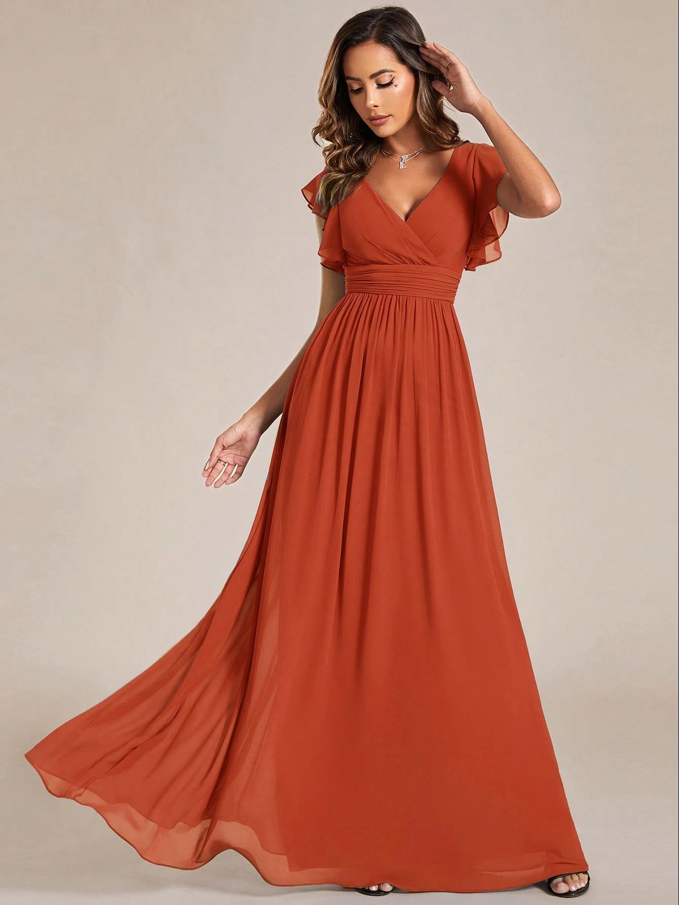 Asymmetric Ruffle Sleeve V-Neck Chiffon Green Bridesmaid Dress,