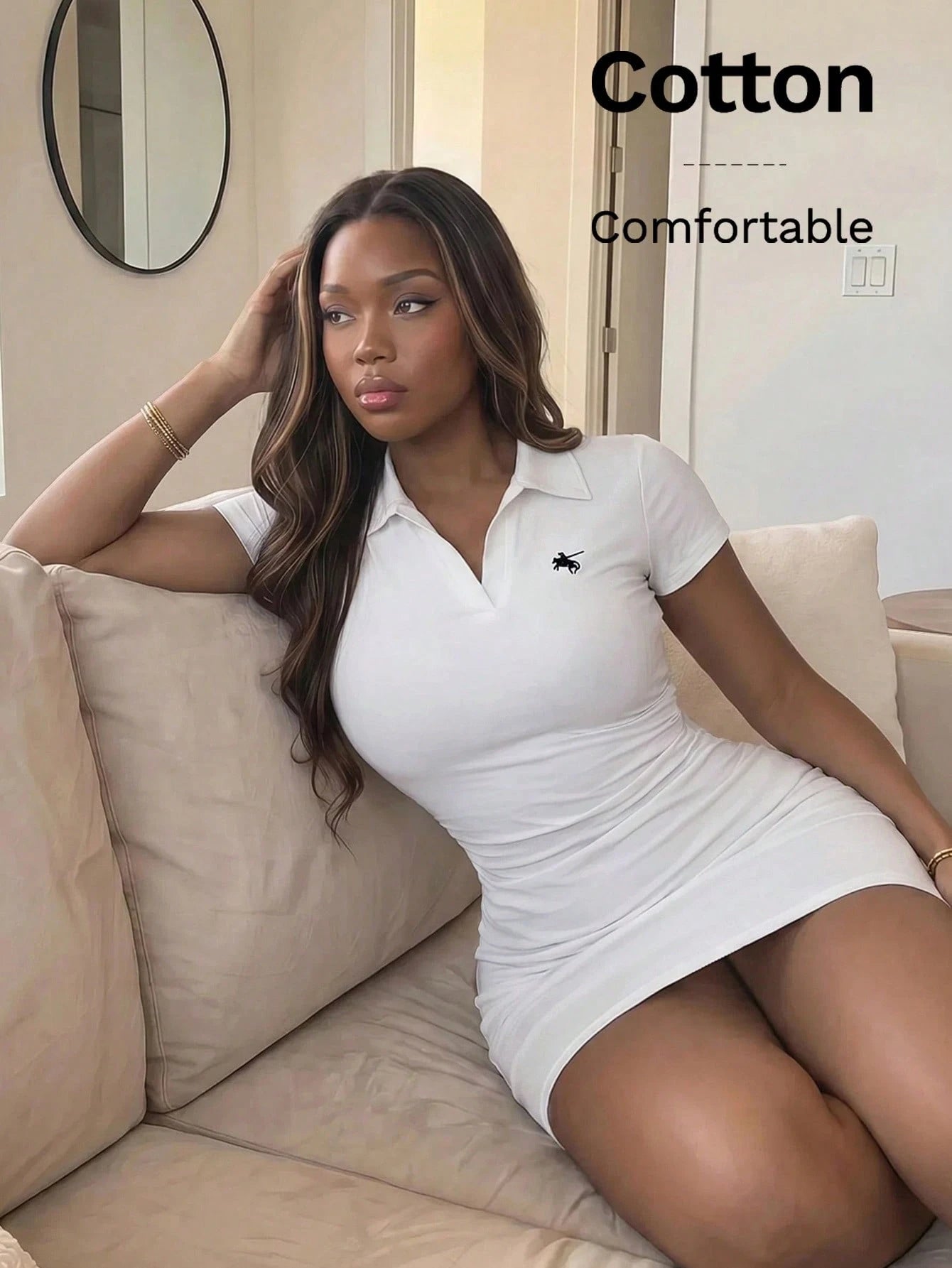 SXY Women's Casual Business Embroidered Polo Collar Dress Mini Dress