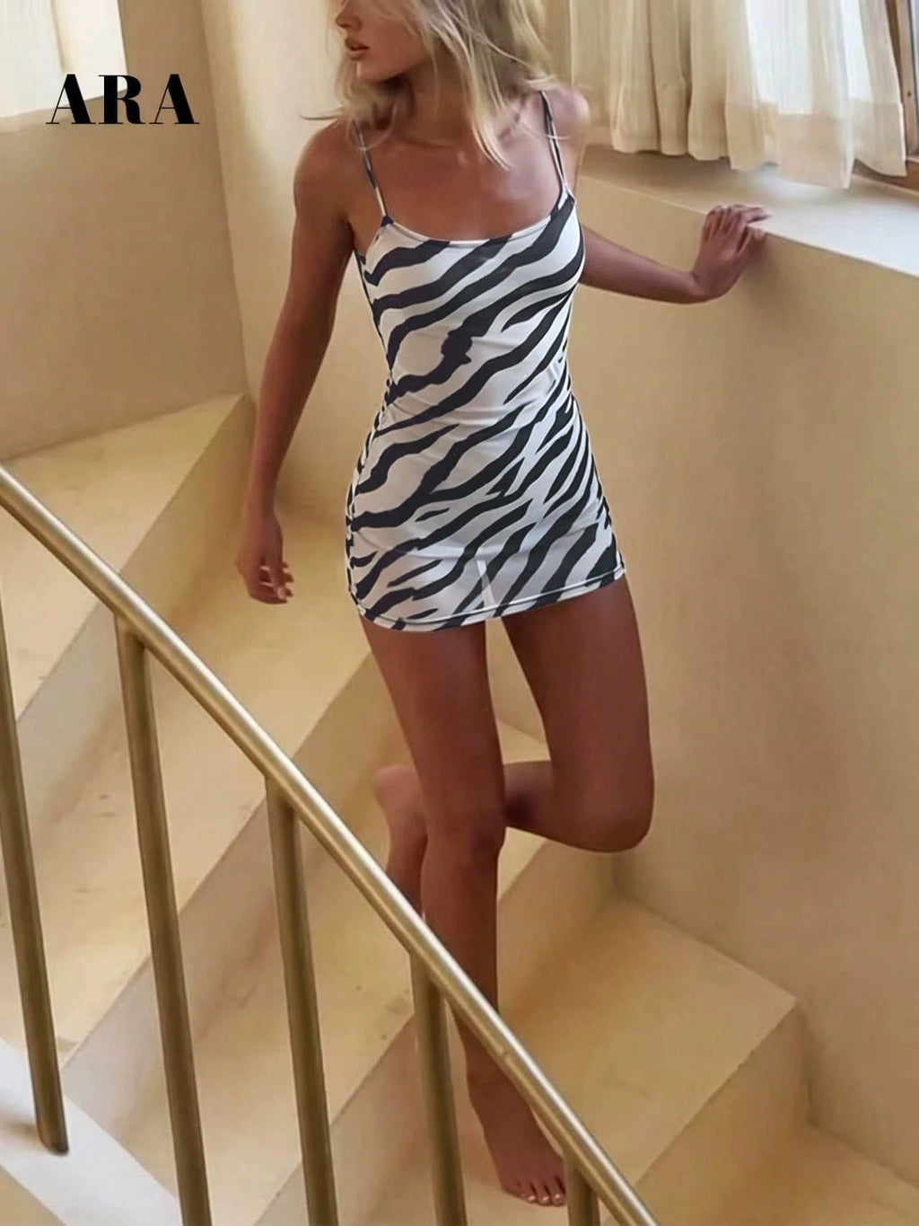 ARA CHIC Women's Vintage Zebra Print Lace-Up Tank Dress, Low Back