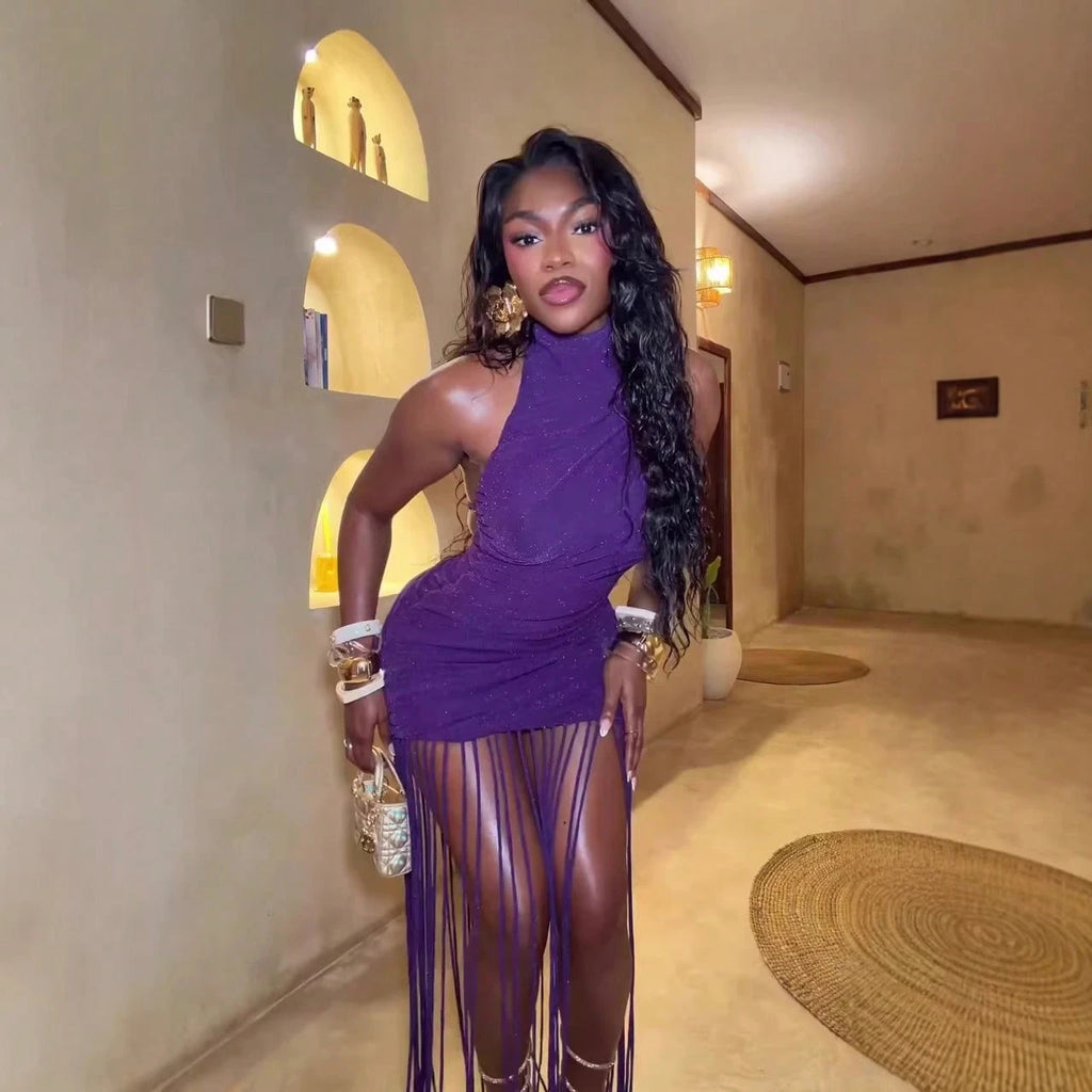 Purple Glitter High Halter Ruched Mini Dress Long Fringe Tassel Hem