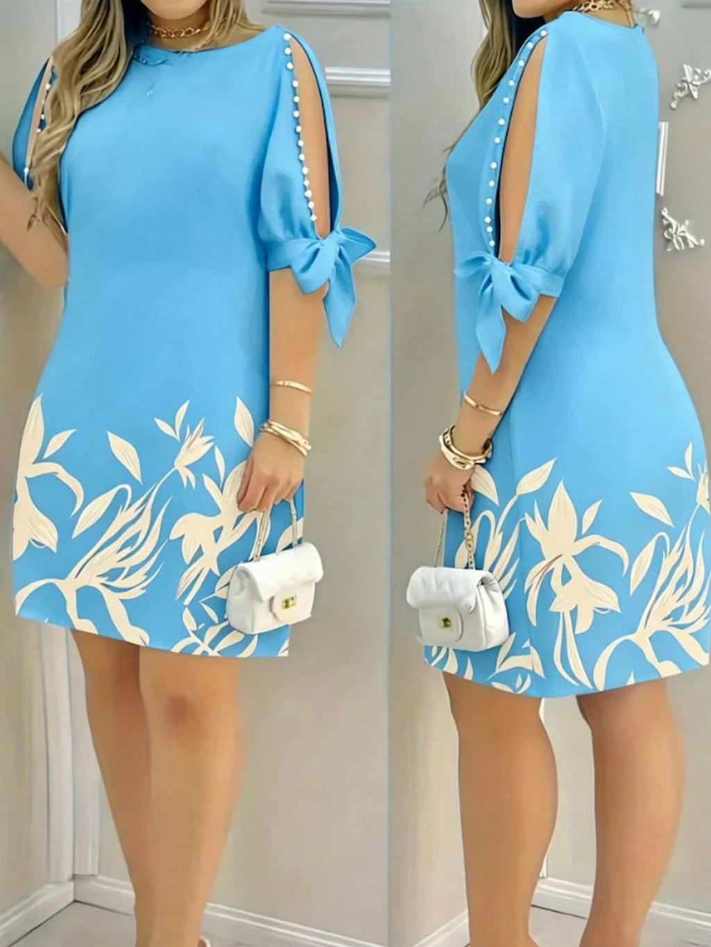 Floral Print Ruffle Sleeve Faux Pearl Embellished Women's Dress,