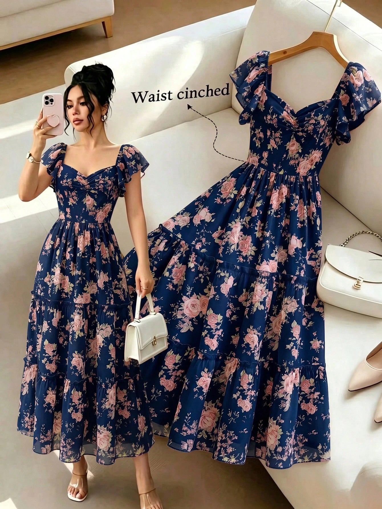 Elenzya Pink Floral Dress For Women,Summer Cottage Core Vintage Square Neck Ruffled Sleeve Waist Cinched