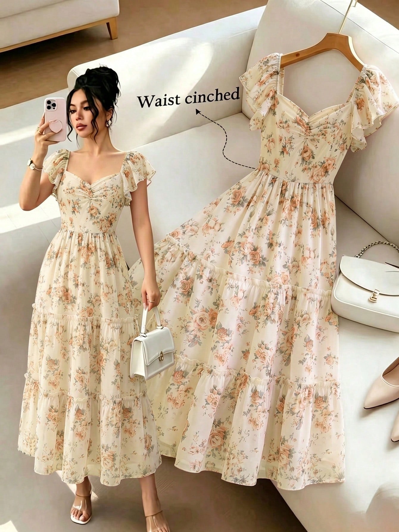 Elenzya Pink Floral Dress For Women,Summer Cottage Core Vintage Square Neck Ruffled Sleeve Waist Cinched - image 15