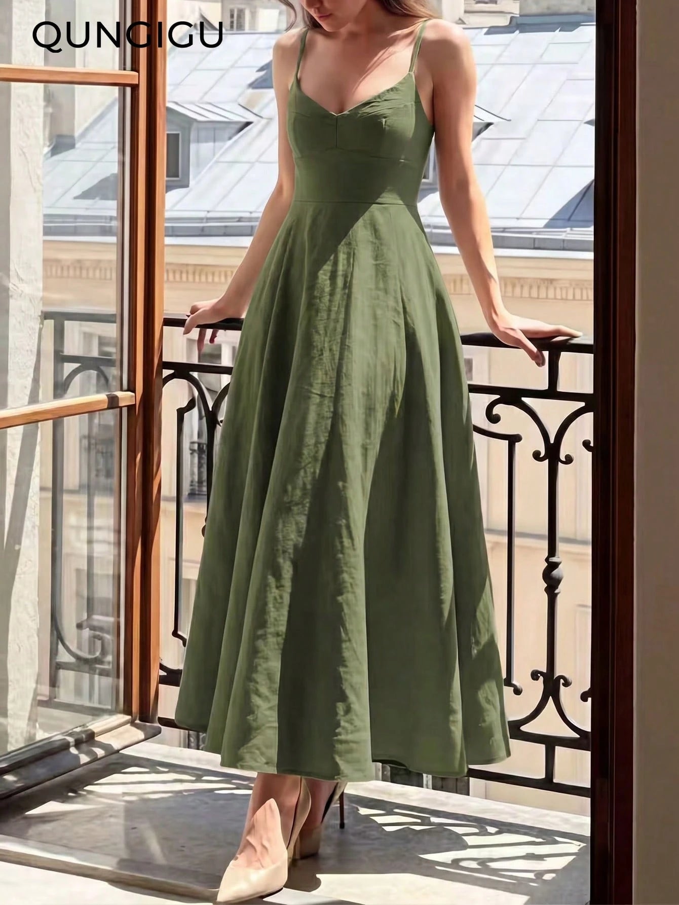 QUNGIGU Women's Elegant Spaghetti Strap Midi Dress V-Neck Linen