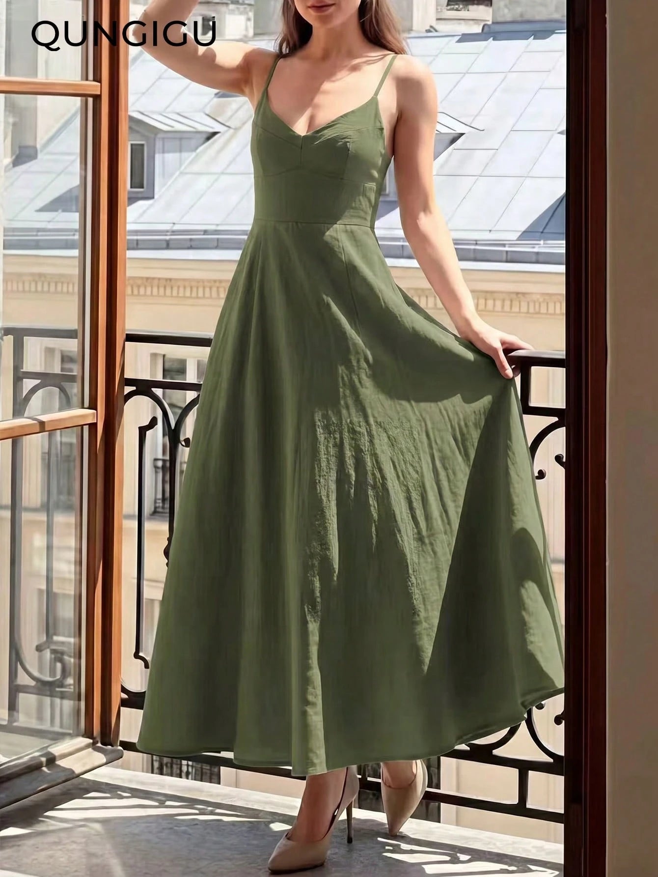 QUNGIGU Women's Elegant Spaghetti Strap Midi Dress V-Neck Linen Textured Backless High Waist Summer Beach - image 19