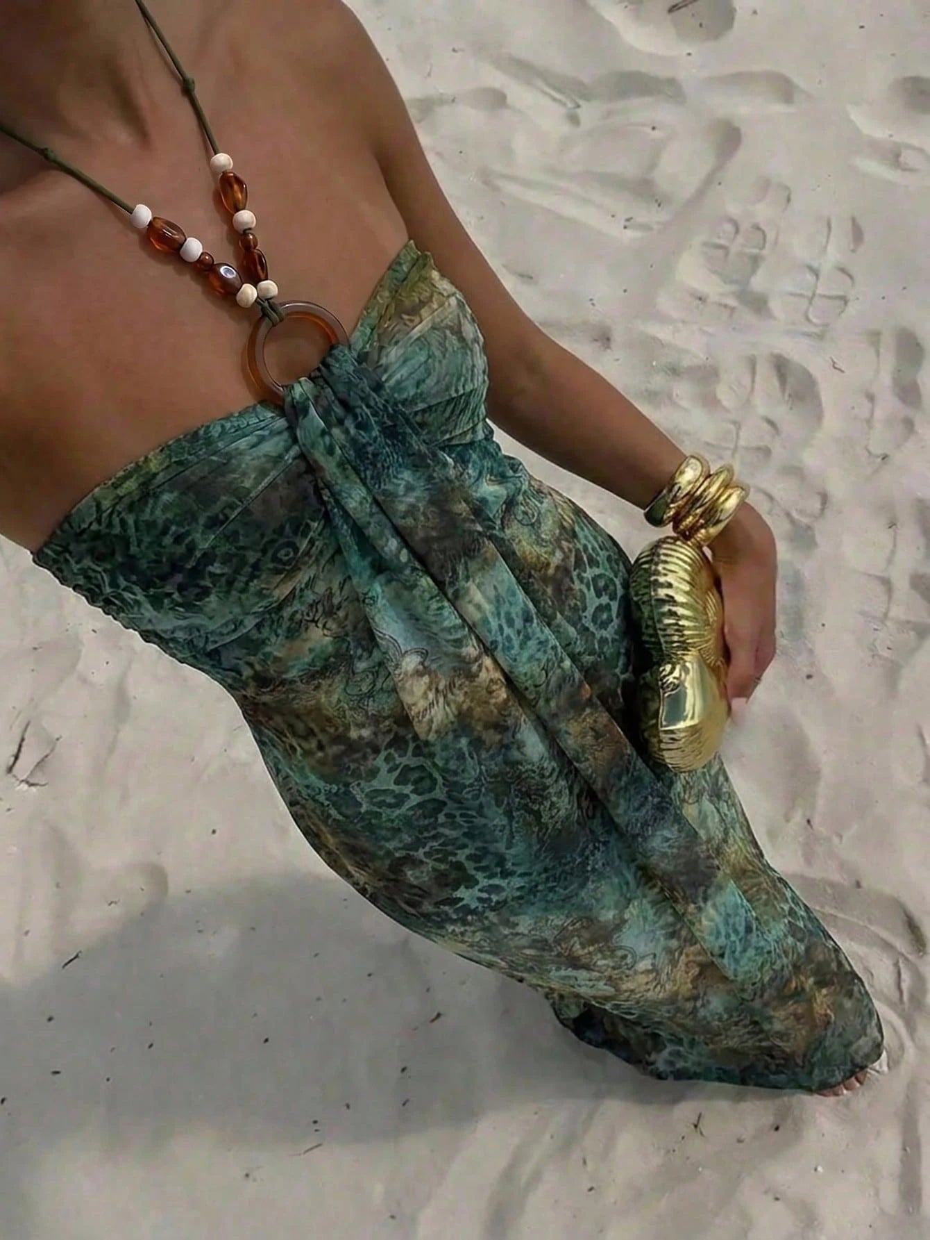 Aloruh Women's Spaghetti Strap Beaded Decor Leopard Print Fitted Long