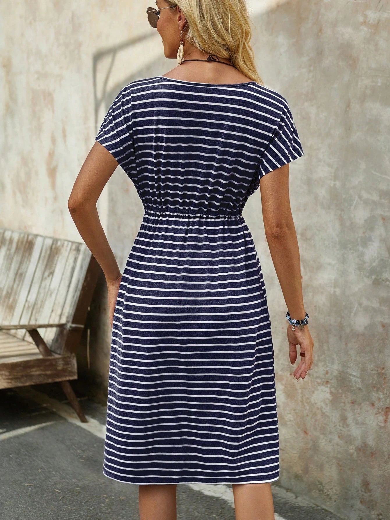 Rusticease Women's Casual Striped Drawstring Waist Mid-Length Dress,