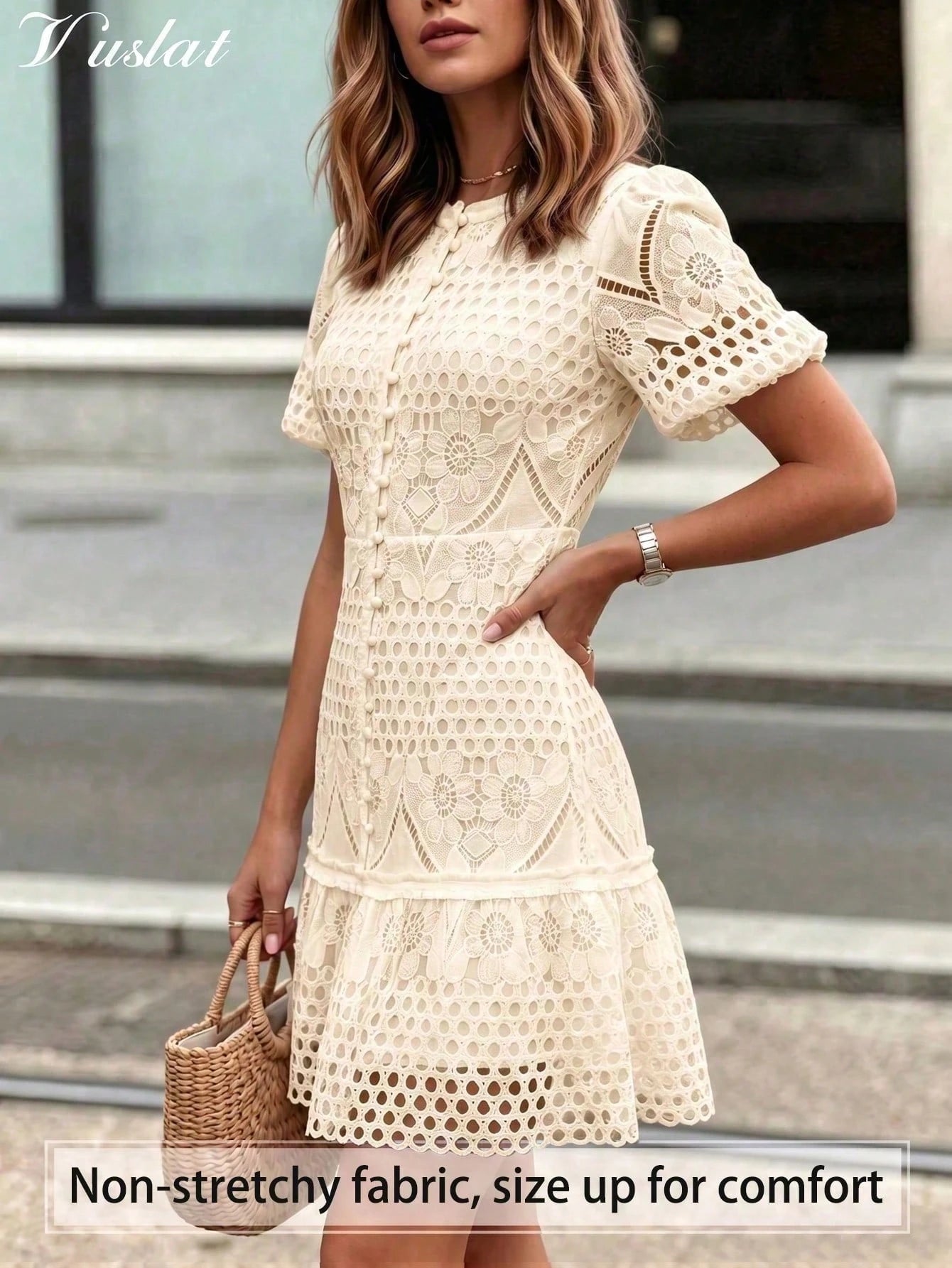 Vusalt Women's Summer White Heavy Embroidery Lace Vintage Elegant