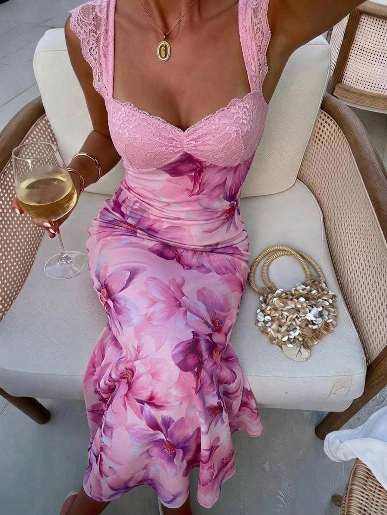 Aloruh Cream Yellow Gradient Floral Mesh Bodycon Backless Summer