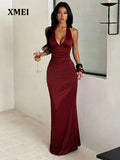 Women's Sleeveless Deep V Neck Knitted Fabric Fitted Long Dress With
