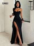 Women's Elegant Red Strapless Fitted Dress, High Slit Sexy Sleeveless
