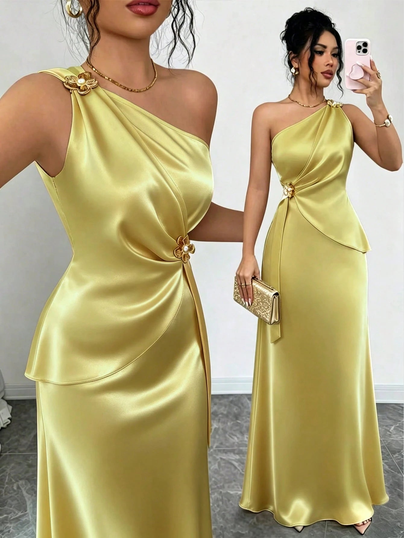 Elenzga Women's Spring/Summer New Elegant Satin Asymmetric Shoulder