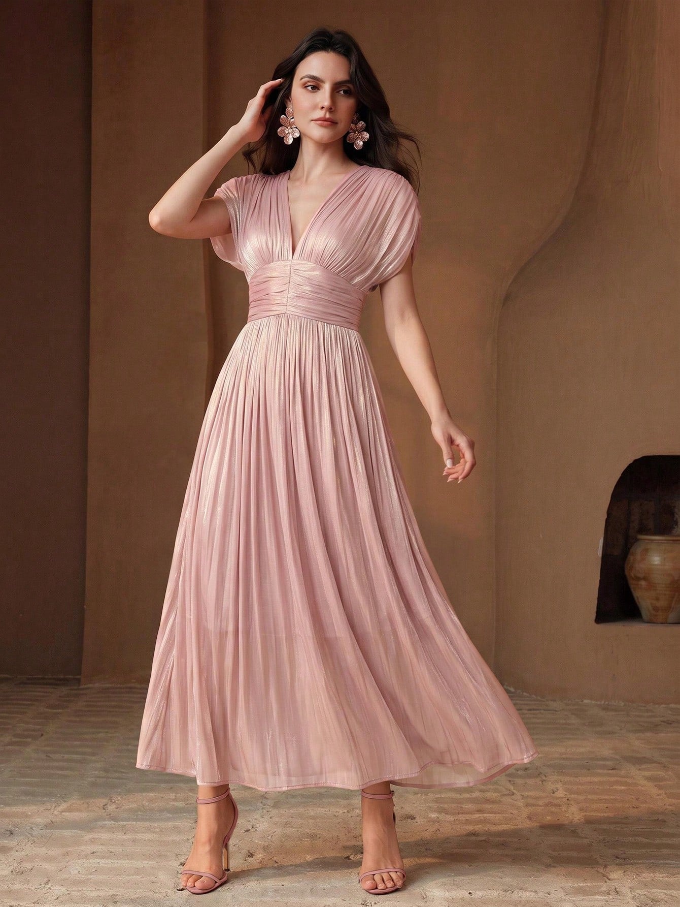 Anewsta Women's New Elegant Shiny High-End V-Neck Pleated Shoulder