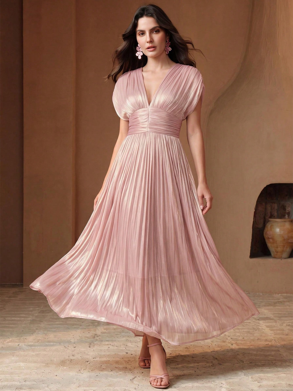 Anewsta Women's New Elegant Shiny High-End V-Neck Pleated Shoulder