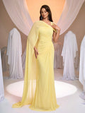 Aureia Elegant Luxurious Elastic Knit Ruched Asymmetrical Neckline Flounce A-Line Bridesmaid Dress