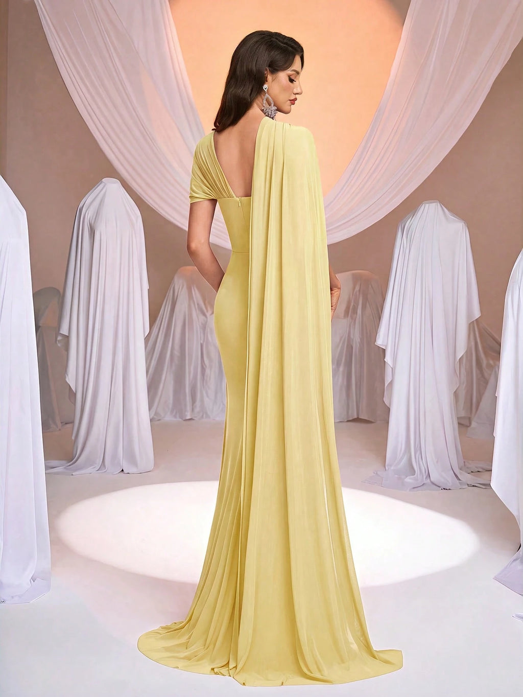 Aureia Elegant Luxurious Elastic Knit Ruched Asymmetrical Neckline Flounce A-Line Bridesmaid Dress - image 2