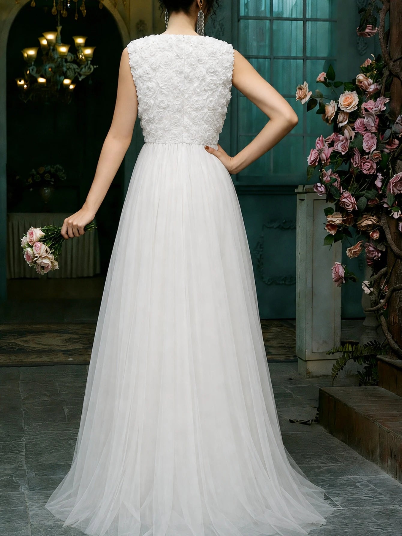 Women's Wedding Dress, Embroidered Lace Sleeveless + Mesh Design, Formal Evening Gown, Celebration Dress White - image 2