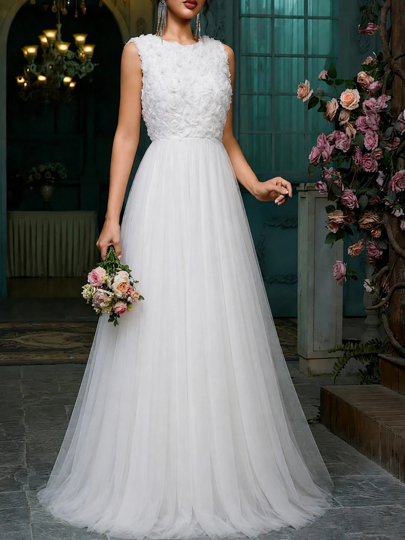 Women's Wedding Dress, Embroidered Lace Sleeveless + Mesh Design, Formal Evening Gown, Celebration Dress White