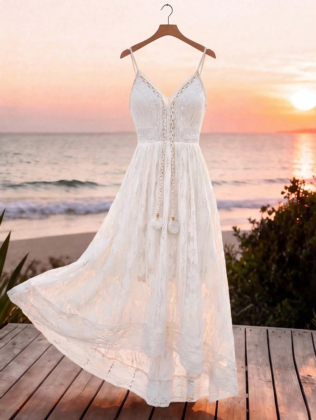Qadelle Women's Elegant Contrast Lace Pompom Design Maxi Slip Dress
