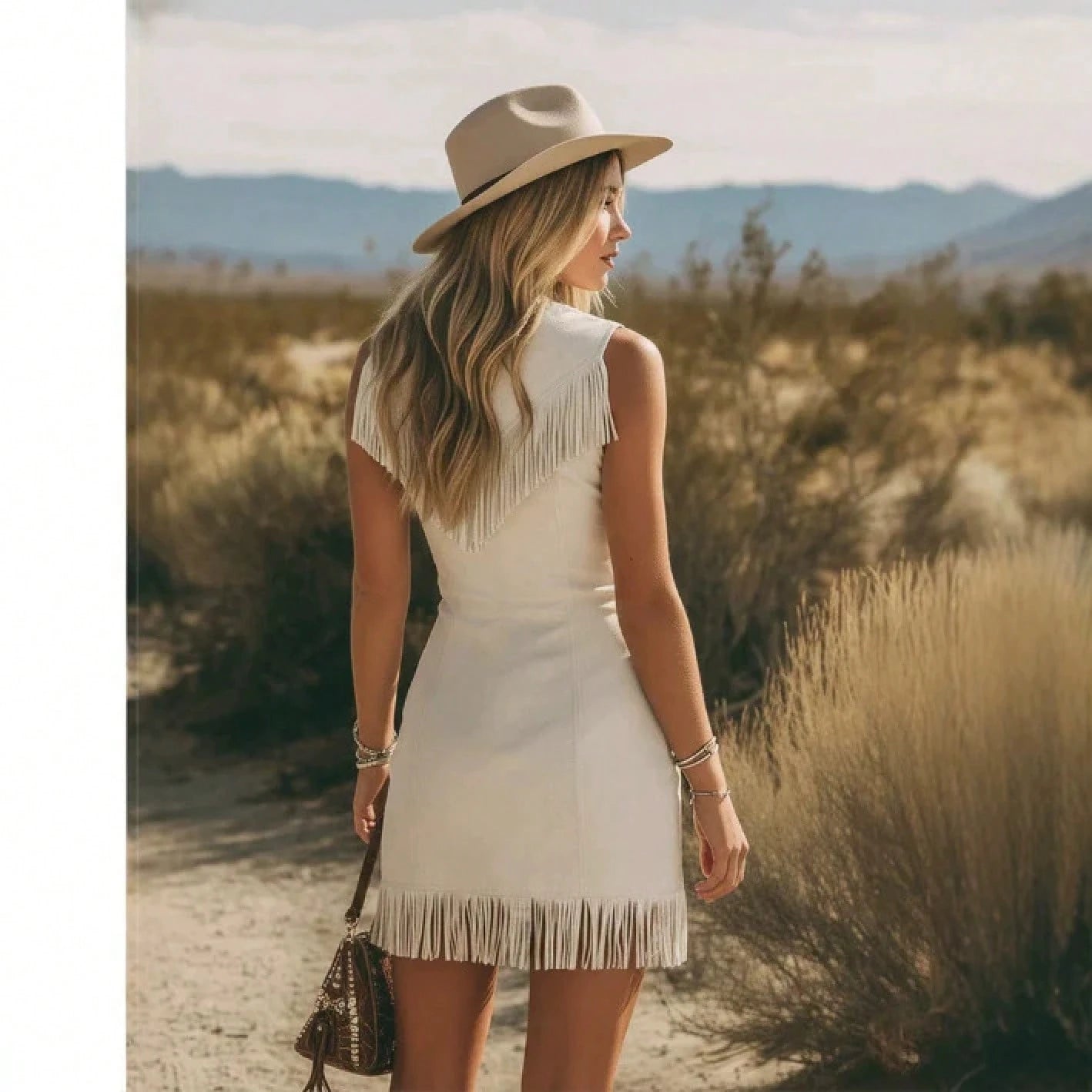 Off White Faux Suede Mini Dress Sleeveless Deep Front Zip Fringe Trim