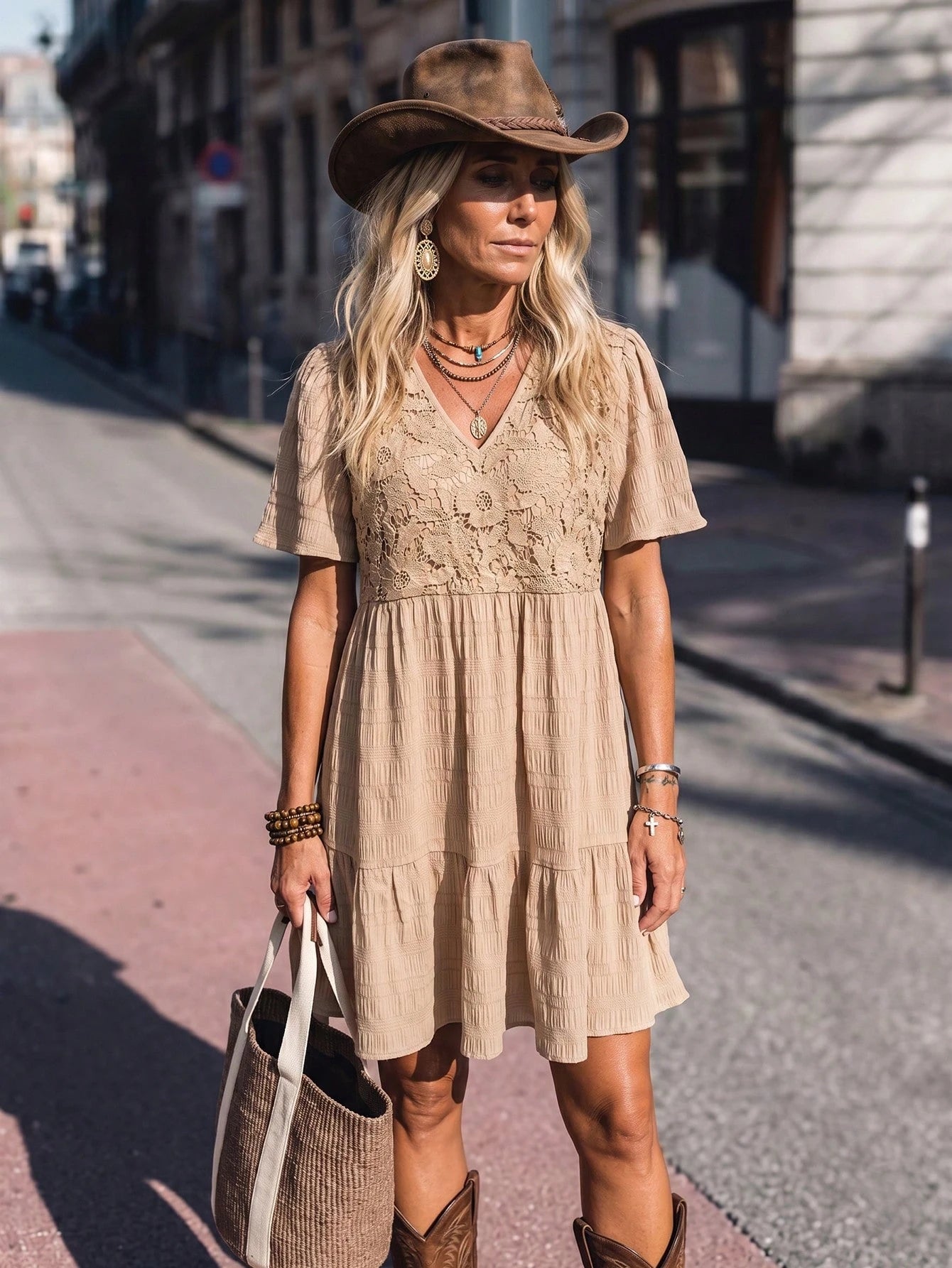 LanaWest Women's Bohemian Summer Textured V-Neck Babydoll Dress – Khaki With Lace Cutout Details, Petal - image 5