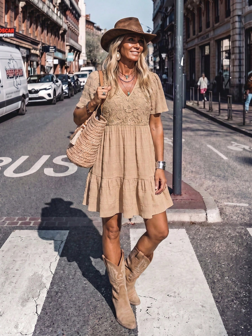LanaWest Women's Bohemian Summer Textured V-Neck Babydoll Dress –
