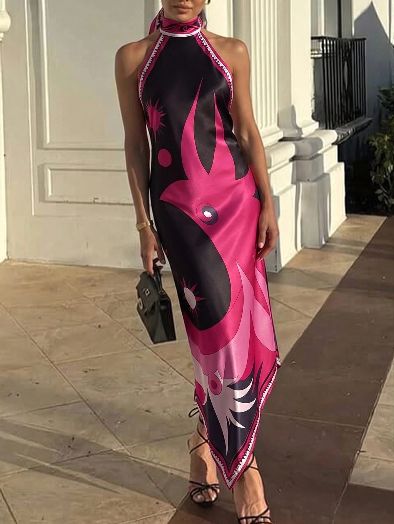 Summer Black Background Pink Floral Print Wrap Strap Dress,