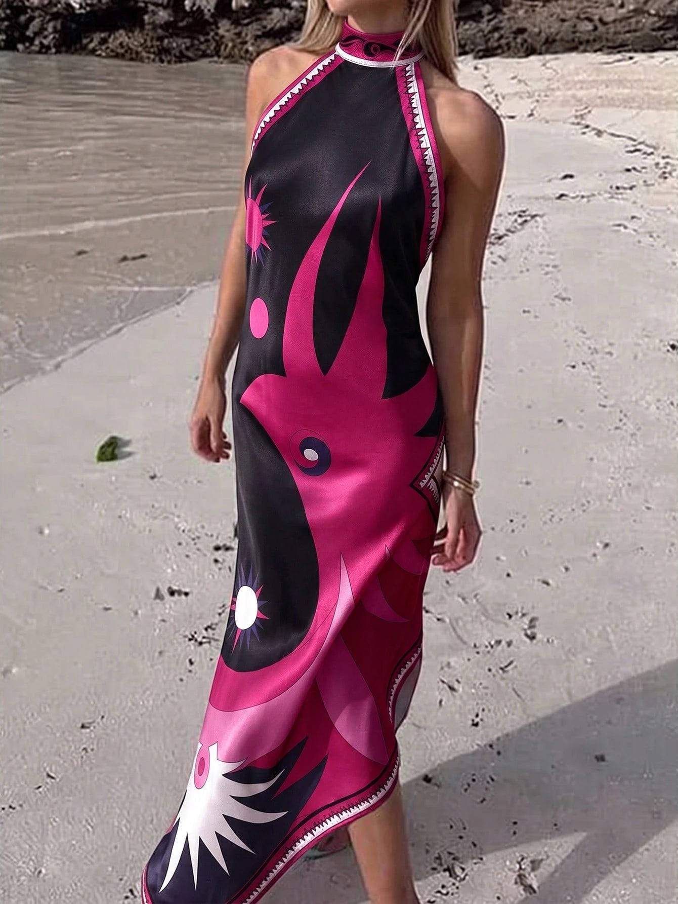 Summer Black Background Pink Floral Print Wrap Strap Dress,