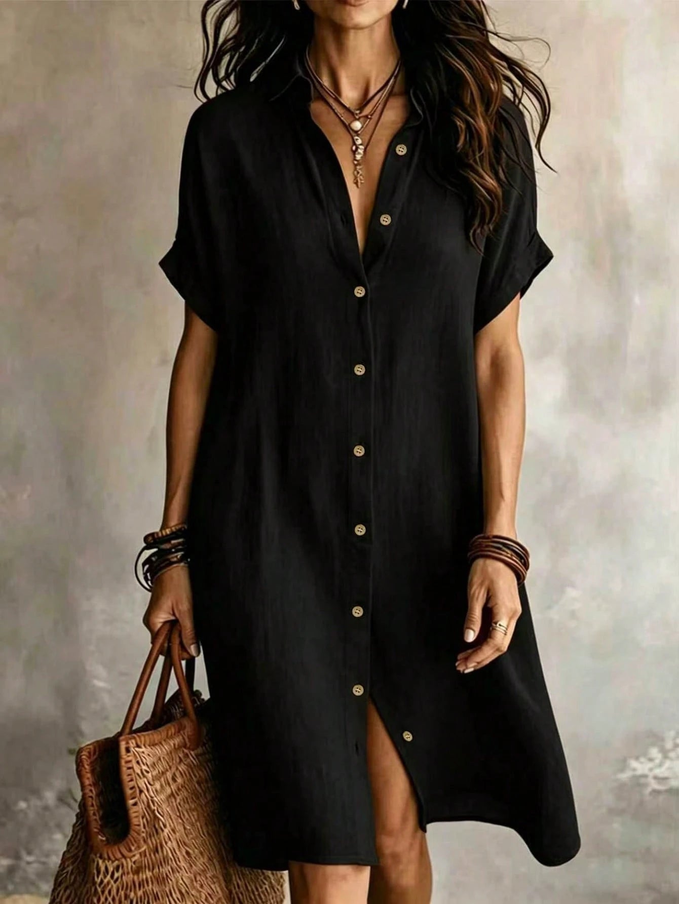 Women's Casual Ivory Woven Shirt Dress, Collared Short Sleeve Front Button Design, Asymmetric Hemline, Knee - image 9